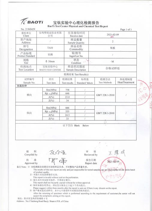 Gr12 titanium plate 3rd party test